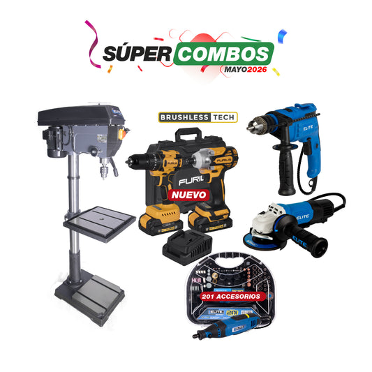 COMBO TALADRO DE ARBOL + KIT TALADRO DE IMPACTO + TALADRO PERCUTOR + ESMERILADORA ANGULAR  + MOTO TOOL 180W