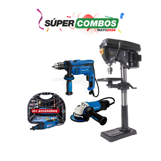 COMBO ESMERILADORA ANGULAR 4-1/2PUL + ALADRO DE ARBOL 750W + TALADRO PERCUTOR 1/2PUL + MOTO TOOL 180W