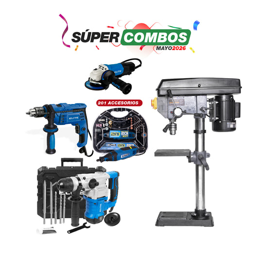 COMBO TALADRO DE ARBOL 375W + ESMERILADORA ANGULAR 4-1/2PUL + TALADRO PERCUTOR 1/2PUL + ROTOMARTILLO + MOTO TOOL 180W