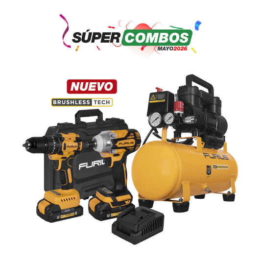 COMBO COMPRESOR DE AIRE SILENCIOSO + KIT TALADRO DE IMPACTO INALAMBRICO BRUSHLESS