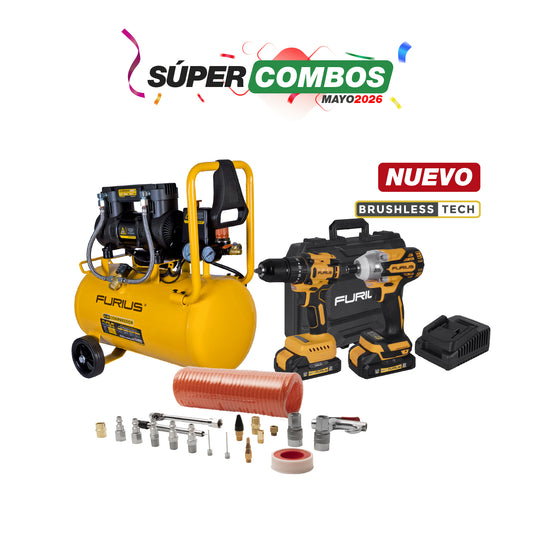 COMBO COMPRESOR DE AIRE SILENCIOSO + KIT TALADRO DE IMPACTO INALAMBRICO + KIT DE ACCESORIOS 20 PCS