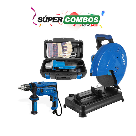 COMBO TRONZADORA ELECTRICA 14PUL + KIT ESMERILADORA ANGULAR 4 1/2 800W + TALADRO PERCUTOR 1/2PUL, 850W