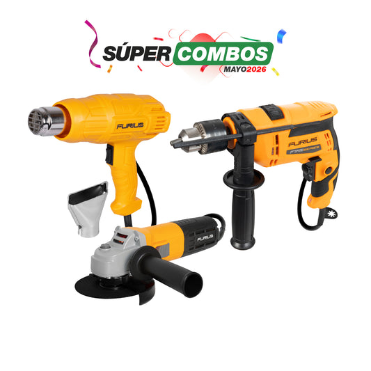 COMBO TALADRO PERCUTOR 1/2INCH + ESMERILADORA ANGULAR 4 1/2 PULG + PISTOLA DE CALOR FURIUS 1800W