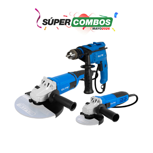 COMBO ESMERILADORA ANGULAR 4 1/2 800W + TALADRO PERCUTOR 1/2PUL + ESMERILADORA ANGULAR 9 PULG