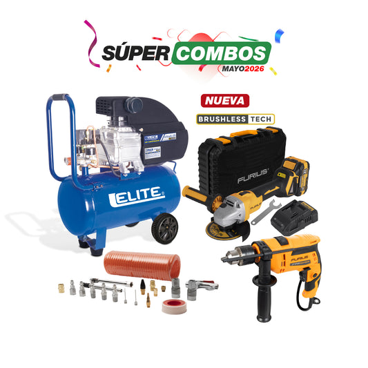 COMBO COMPRESOR DE AIRE DIRECTO + ESMERILADORA ANGULAR + TALADRO PERCUTOR 1/2INCH + KIT DE ACCESORIOS 20