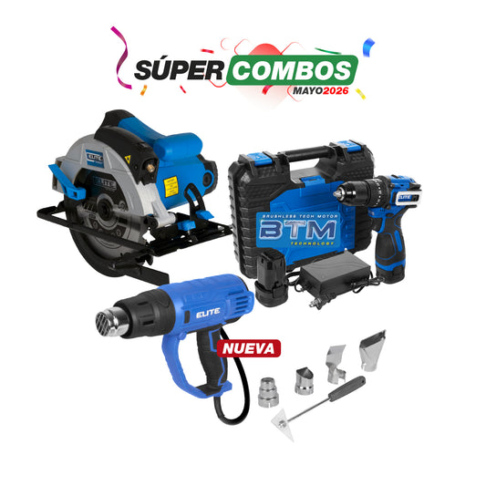COMBO SIERRA CIRCULAR 7 1/4 1.550W + PISTOLA DE CALOR ELITE 1800W + TALADRO DE IMPACTO 16V