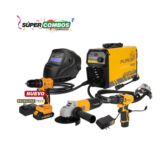 COMBO SOLDADOR INVERSOR + CARETA FOTOSENSIBLE + TALADRO PERCUTOR INALAMBRICO + ESMERILADORA ANGULAR 4 1/2 + TALADRO INALAMBRICO 3/8PUL