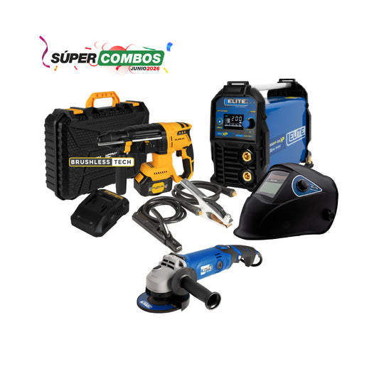 COMBO SOLDADOR INVERSOR + CARETA SOLDADURA + ESMERILADORA ANGULAR 4-1/2INCH + ROTOMARTILLO INALMBRICO 0-1000 RPM