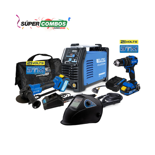 COMBO SOLDADOR ARC 220S 110/220V + CARETA SOLDADURA + ESMERILADORA INALAMBRICA + TALADRO DE IMPACTO INALÁMBRICO 21V