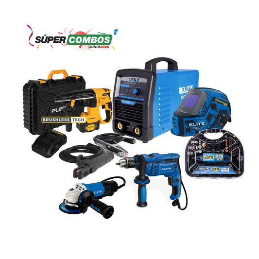 COMBO SOLDADOR INVERSOR + CARETA ELECTRONICA + ESMERILADORA ANGULAR 4-1/2PUL+ TALADRO PERCUTOR 1/2PUL + ROTOMARTILLO INALMBRICO + MOTO TOOL 180W
