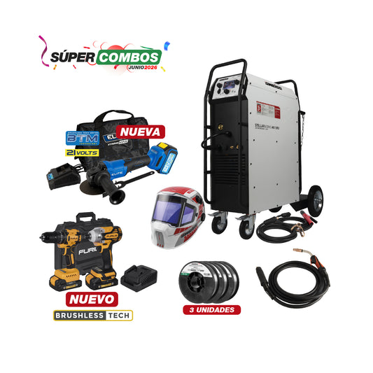 COMBO SOLDADOR INVERSOR + ANTORCHA MIG - EURO + CARETA ELECTRONICA + ESMERILADORA INALAMBRICA + KIT TALADRO DE IMPACTO + ROLLO ALAMBRE SOLDADURA