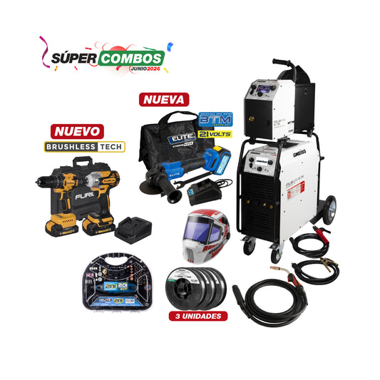 COMBO SOLDADOR INVERSOR + ANTORCHA + CARETA ELECTRONICA + ESMERILADORA + KIT TALADRO DE IMPACTO + ROLLO ALAMBRE + MOTO TOOL 180W