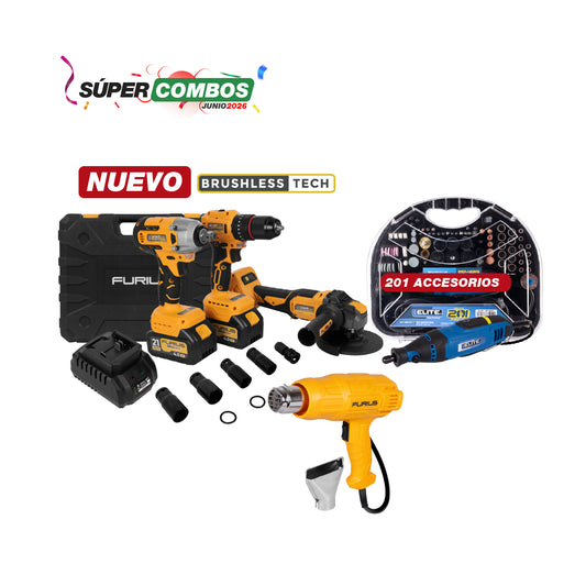 COMBO KIT 21 V  INALAMBRICO TALADRO + PISTOLA DE CALOR FURIUS 1800W + MOTO TOOL 180W