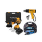 COMBO KIT 21 V  INALAMBRICO TALADRO + PISTOLA DE CALOR + MOTO TOOL 180W
