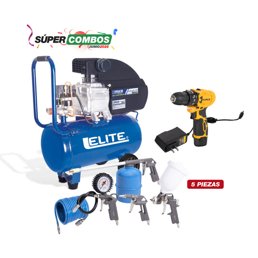 COMBO COMPRESOR DE AIRE + SET DE 5 PIEZAS PISTOLA DE PINTURA + TALADRO INALAMBRICO 3/8PUL