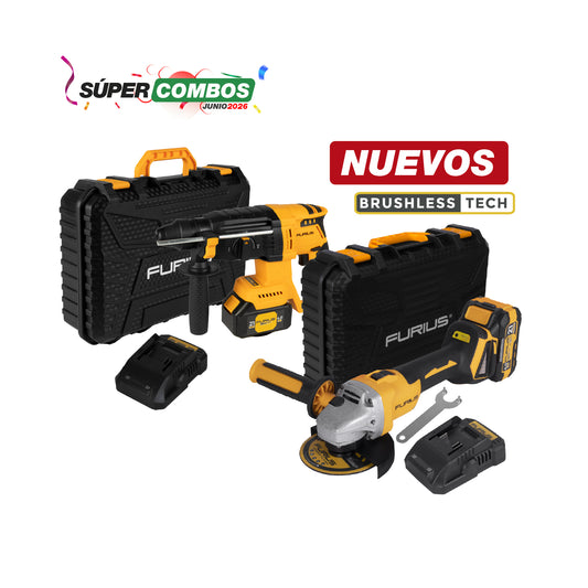 COMBO ROTOMARTILLO INALMBRICO 0-1000 RPM + ESMERILADORA ANGULAR INALAMBRICA