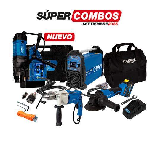 COMBO TALADRO MAGNETICO 50mm + TALADRO DE ROTACION 1/2PUL + PULIDORA INALAMBRICA + SOLDADOR INVERSOR ELITE