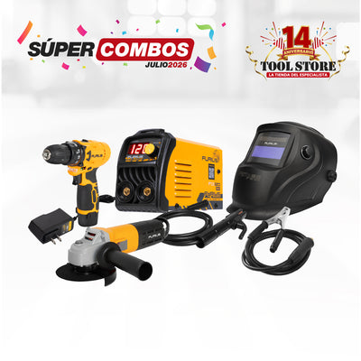 COMBO SOLDADOR INVERSOR + CARETA FOTOSENSIBLE + ESMERILADORA ANGULAR 4 1/2 PULG + TALADRO INALAMBRICO 3/8PUL