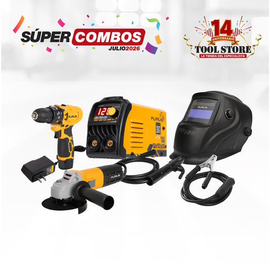 COMBO SOLDADOR INVERSOR + CARETA FOTOSENSIBLE + ESMERILADORA ANGULAR 4 1/2 PULG + TALADRO INALAMBRICO 3/8PUL