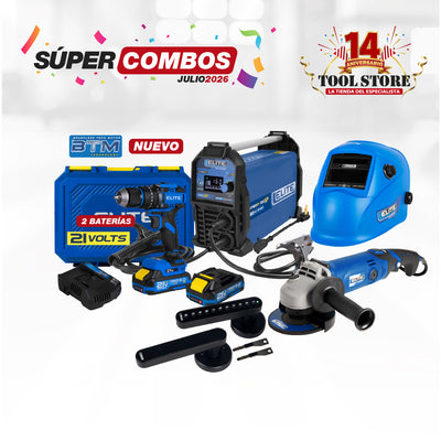 COMBO SOLDADOR INVERSOR + CARETA ELECTRONICA SOLDADUR + ESMERILADORA ANGULAR 4-1/2INCH + TALADRO DE IMPACTO INALAMBRICO 21V + CERRADURA INTELIGENTE