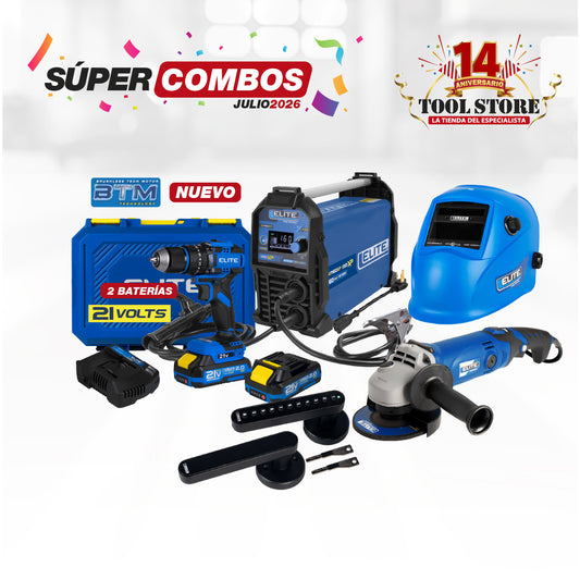 COMBO SOLDADOR INVERSOR + CARETA ELECTRONICA SOLDADUR + ESMERILADORA ANGULAR 4-1/2INCH + TALADRO DE IMPACTO INALAMBRICO 21V + CERRADURA INTELIGENTE