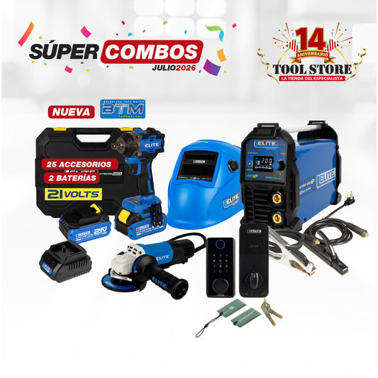 COMBO SOLDADOR INVERSOR + CARETA ELECTRONICA SOLDADURA + ESMERILADORA ANGULAR 4-1/2PUL + LLAVE DE IMPACTO INALAMBRICA 21V + CERRADURA INTELIGENTE