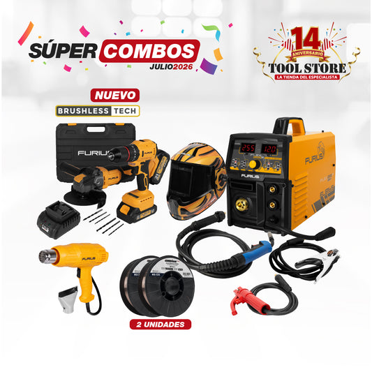 COMBO SOLDADOR INVERSOR + CARETA FOTOSENSIBLE + KIT 21 V INALAMBRICO TALADRO + PISTOLA DE CALOR + ROLLO SOLDADURA MIG