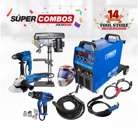 COMBO SOLDADOR INVERSO + CARETA ELECTRONICA + ESMERILADORA ANGULAR + TALADRO PERCUTOR + TALADRO DE ARBOL + PISTOLA DE CALOR + ANTORCHA