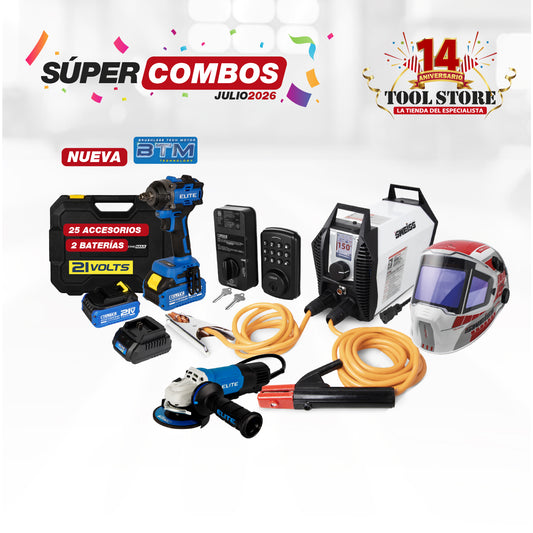 COMBO SOLDADOR INVERSOR + CARETA ELECTRONICA SOLDADURA + ESMERILADORA ANGULAR 4-1/2PUL + LLAVE DE IMPACTO INALAMBRICA 21V + CERRADURA INTELIGENTE