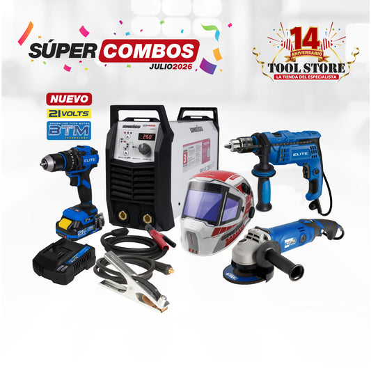 COMBO SOLDADOR INVERSOR + TALADRO PERCUTOR 1/2PUL + ESMERILADORA ANGULAR 4-1/2INCH + CARETA ELECTRONICA SOLDADURA  + TALADRO DE IMPACTO INALÁMBRICO