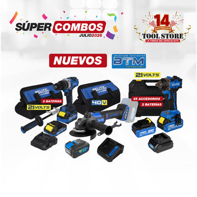 COMBO TALADRO DE IMPACTO INALAMBRICO + LLAVE DE IMPACTO INALAMBRICA 21V + ESMERILADORA INALAMBRICA + BATERIA ION DE LITHIO 40V + CARGADOR DE BATERIA 40V