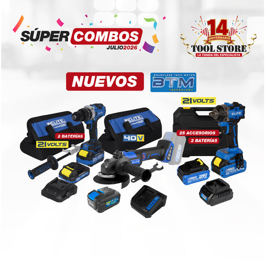 COMBO TALADRO DE IMPACTO INALAMBRICO + LLAVE DE IMPACTO INALAMBRICA 21V + ESMERILADORA INALAMBRICA + BATERIA ION DE LITHIO 40V + CARGADOR DE BATERIA 40V