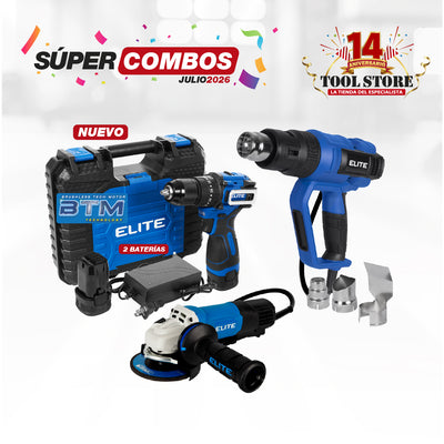 COMBO ESMERILADORA ANGULAR 4-1/2PUL + TALADRO DE IMPACTO 16V MANDRIL + PISTOLA DE CALOR INDUSTRIAL 2000W