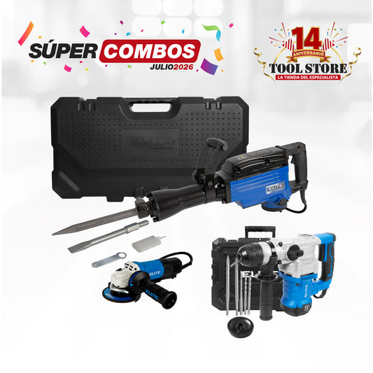 COMBO ROTOMARTILLO 110V-60Hz + MARTILLO DEMOLEDOR HEX30 1600W + ESMERILADORA ANGULAR 4-1/2PUL