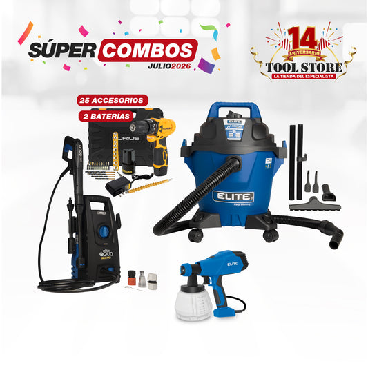 COMBO HIDROLAVADORA ELECTRICA 1500W + ASPIRADORA 5 GAL, 3,5 HP + TALADRO ATORNILLADOR INALAMBRICO + PISTOLA DE PINTURA ELECTRICA 500W