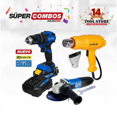 COMBO TALADRO DE IMPACTO INALÁMBRICO 21V + PISTOLA DE CALOR FURIUS 1800W + ESMERILADORA ANGULAR 4-1/2INCH
