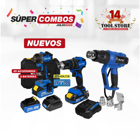 COMBO LLAVE DE IMPACTO INALAMBRICA 21V + TALADRO DE IMPACTO INALÁMBRICO 21V + PISTOLA DE CALOR INDUSTRIAL 2000W