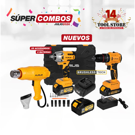 COMBO TALADRO PERCUTOR INALAMBRICO + PISTOLA DE CALOR FURIUS 1800W + LLAVE DE IMPACTO INALAMBRICA CUADRANTE 1/2' 21V