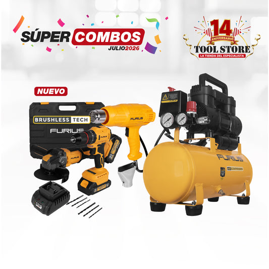 COMBO KIT 21 V INALAMBRICO TALADRO + PISTOLA DE CALOR FURIUS 1800W + COMPRESOR DE AIRE SILENCIOSO