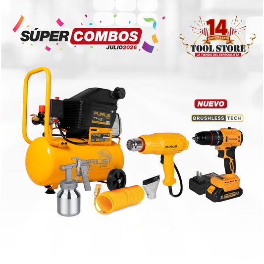 COMBO COMPRESOR FURIUS 25LT 2 HP + PISTOLA DE CALOR FURIUS 1800W + TALADRO PERCUTOR INALAMBRICO