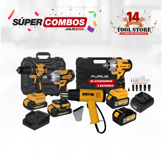 COMBO KIT TALADRO PERCUTOR INALAMBRICO + PISTOLA DE CALOR + LLAVE DE IMPACTO INALAMBRICA CUADRANTE
