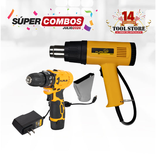COMBO TALADRO INALAMBRICO 3/8PUL + PISTOLA DE CALOR FURIUS 1800W