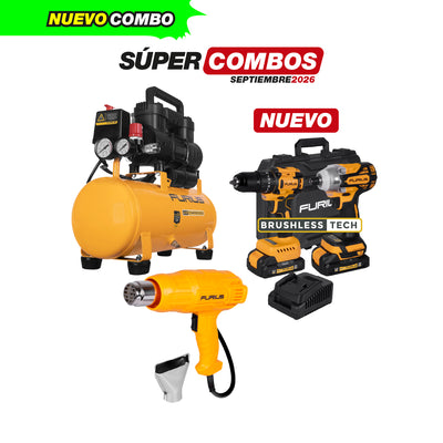 COMBO COMPRESOR SILENCIOSO + PISTOLA DE CALOR + KIT TALADRO PERCUTOR INALAMBRICO