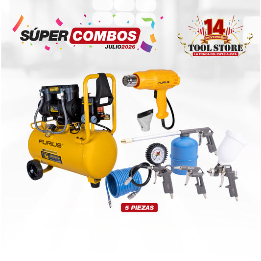 COMBO COMPRESOR DE AIRE SILENCIOSO + SET DE 5 PIEZAS PISTOLA DE PINTURA + PISTOLA DE CALOR FURIUS 1800W