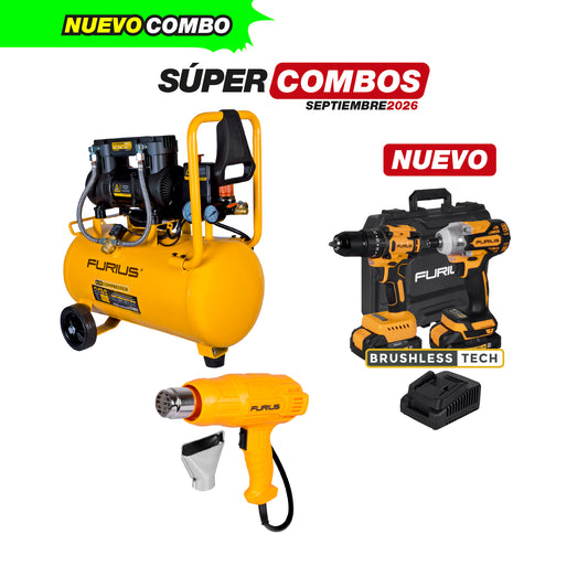 COMBO COMPRESOR SILENCIOSO + PISTOLA DE CALOR + KIT TALADRO Y ATORNILLADOR INALAMBRICO