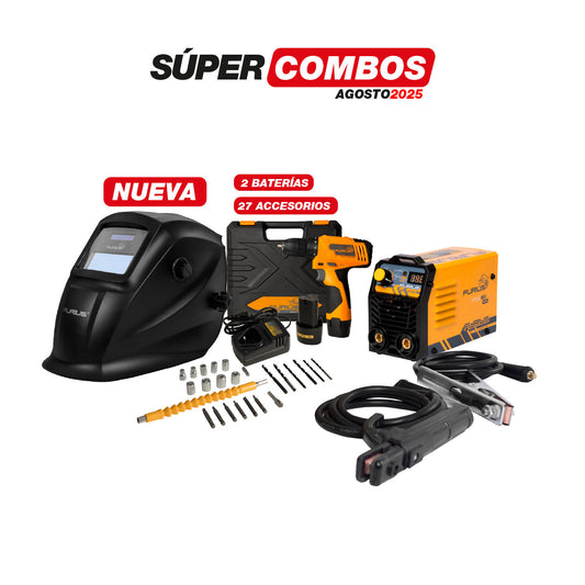 COMBO SOLDADOR INVERSOR FURIUS FIX 161 + CARETA FOTOSENSIBLE FURIUS FENIX 230 + TALADRO ATORNILLADOR INALAMBRICO 12V