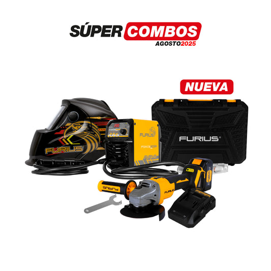 COMBO SOLDADOR INVERSOR FURIUS FORCE 203 + CARETA ELECTRONICA FURIUS FENIX 50 + ESMERILADORA ANGULAR INALAMBRICA