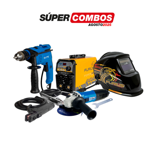 COMBO SOLDADOR INVERSOR FURIUS FORCE 227 CELLULOSIC + CARETA ELECTRONICA FURIUS FENIX 50 + TALADRO PERCUTOR 1/2PUL, 750W + ESMERILADORA ANGULAR 4-1/2INCH 820 W