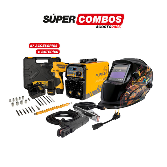 COMBO SOLDADOR INVERSOR FURIUS FORCE 227 + CARETA ELECTRONICA FURIUS FENIX 81 + TALADRO ATORNILLADOR INALAMBRICO 12V ION DE LITHIO