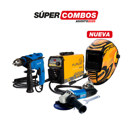 COMBO SOLDADOR INVERSOR FURIUS FORCE 253 + CARETA FOTOSENSIBLE FURIUS FENIX 991 + TALADRO PERCUTOR 1/2PUL, 750W + ESMERILADORA ANGULAR 4-1/2INCH 820 W